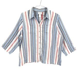 Alfred Dunner Womens‎ Button Up Gauze Shirt White Blue Red Striped Geometric XL